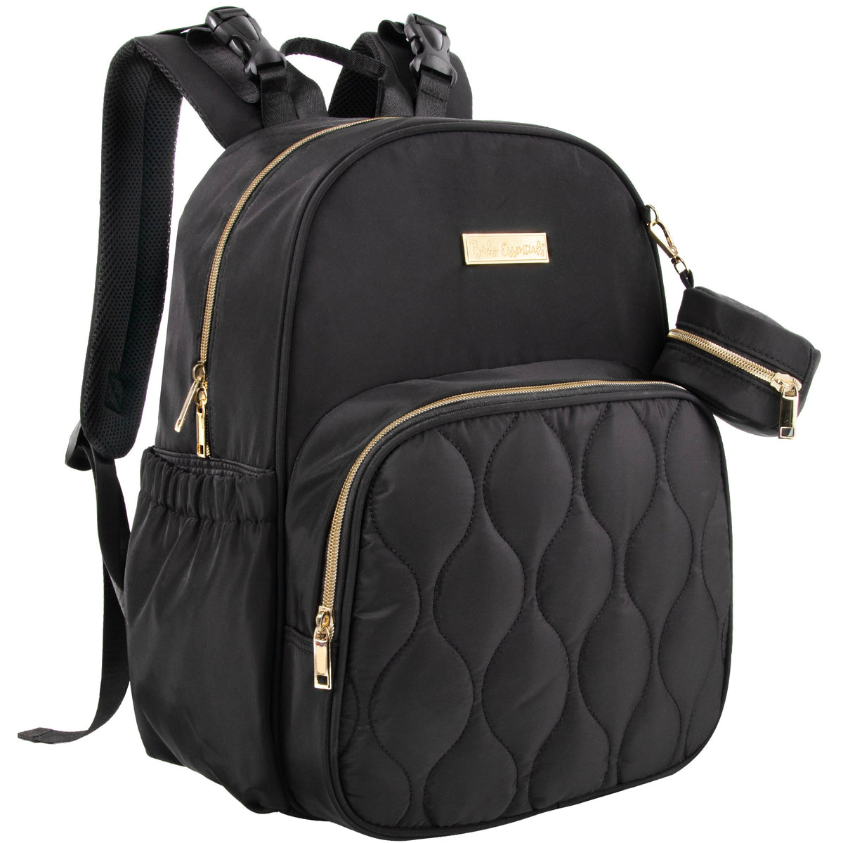 Baby Essentials Front Quilted Pocket Diaper Bag Backpack + Changing Pad + Pacifier Pouch - Black