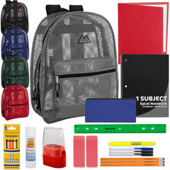 17-Inch Bulk Classic Mesh Backpack with 20-Piece School Supply Kit - 5 Colors