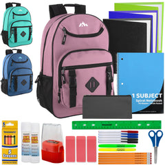 18-Inch Bulk Double Buckle Backpack with Laptop Section with 30-Piece School Supply Kit - 3 Color Assortment