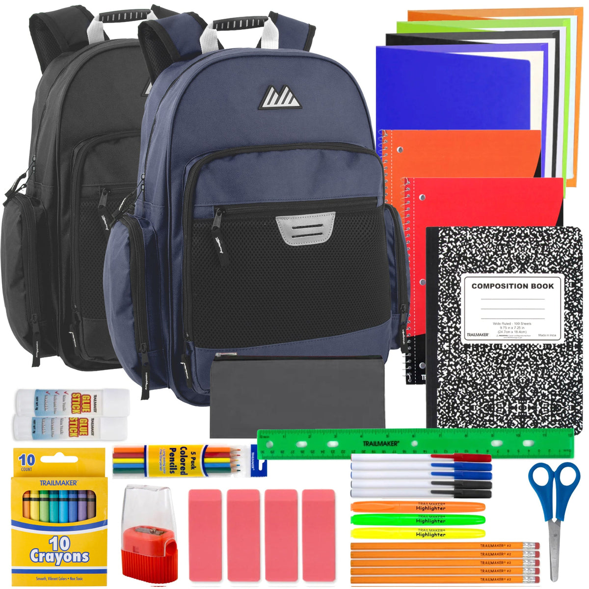 18-inch Bulk Multi Pocket Reflective Collegiate Backpack with Laptop Section with 45-Piece School Supply Kit - 2 Colors