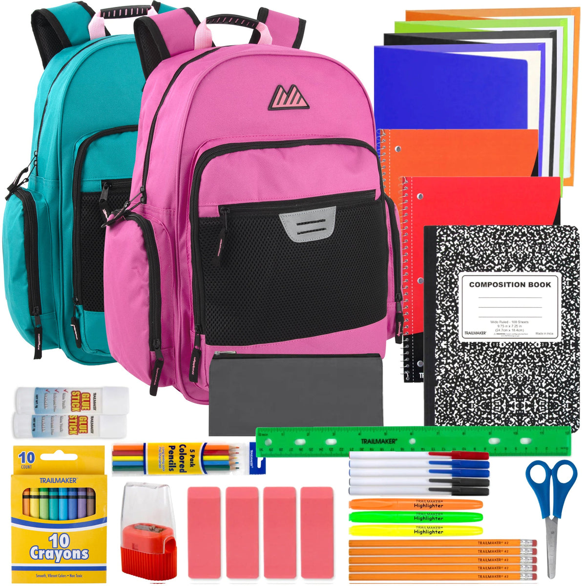 18-inch Bulk Multi Pocket Reflective Collegiate Backpack with Laptop Section with 45-Piece School Supply Kit - 2 Girl Colors