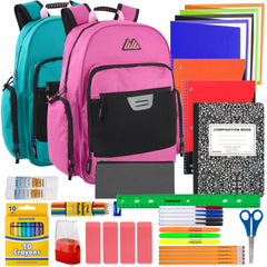 18-inch Bulk Multi Pocket Reflective Collegiate Backpack with Laptop Section with 45-Piece School Supply Kit - 2 Girl Colors