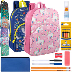 15-inch Bulk Character Backpack with 12-Piece School Supplies Kit - 8 Prints
