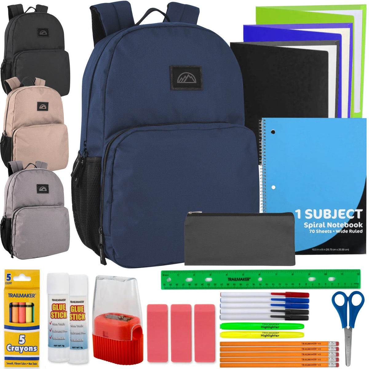 Bulk Mountain Edge Dome Backpack with Laptop Sleeve with 30-Piece School Supply Kit - 4 Color Assortment