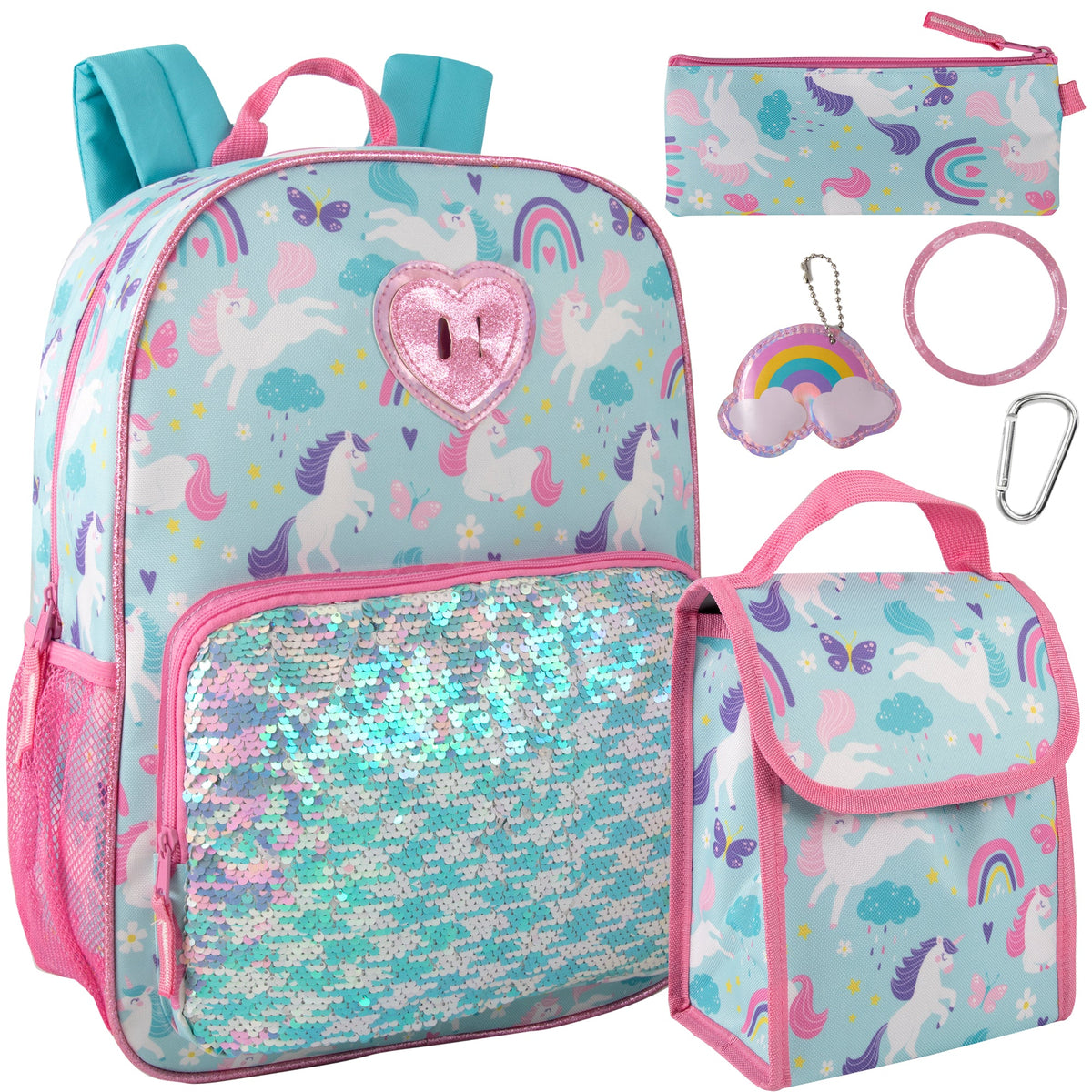 6-in-1 Bulk Children's Unicorn Printed Backpack Set with Lunch Bag, Pencil Case & Tech Pouch