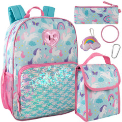 6-in-1 Bulk Children's Unicorn Printed Backpack Set with Lunch Bag, Pencil Case & Tech Pouch