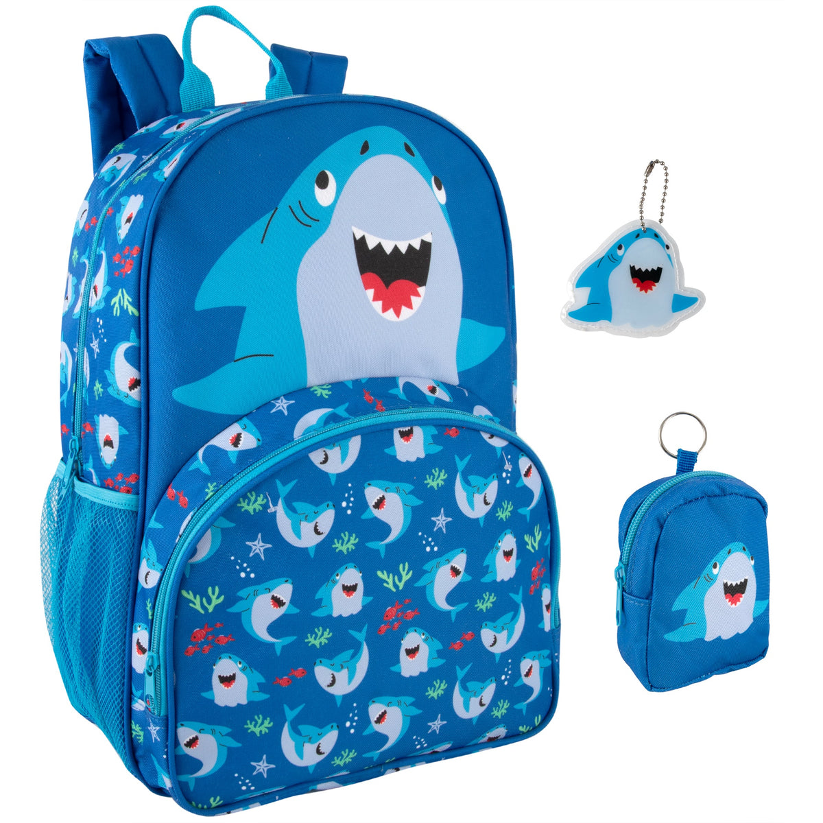 17-Inch Bulk Children's Shark Theme Backpack Set with Matching Mini Bag & Keychain