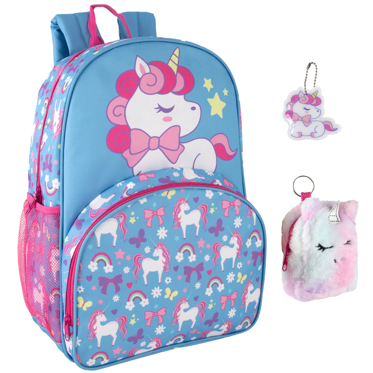 17-Inch Bulk Children's Unicorn Theme Backpack Set with Matching Mini Bag & Keychain