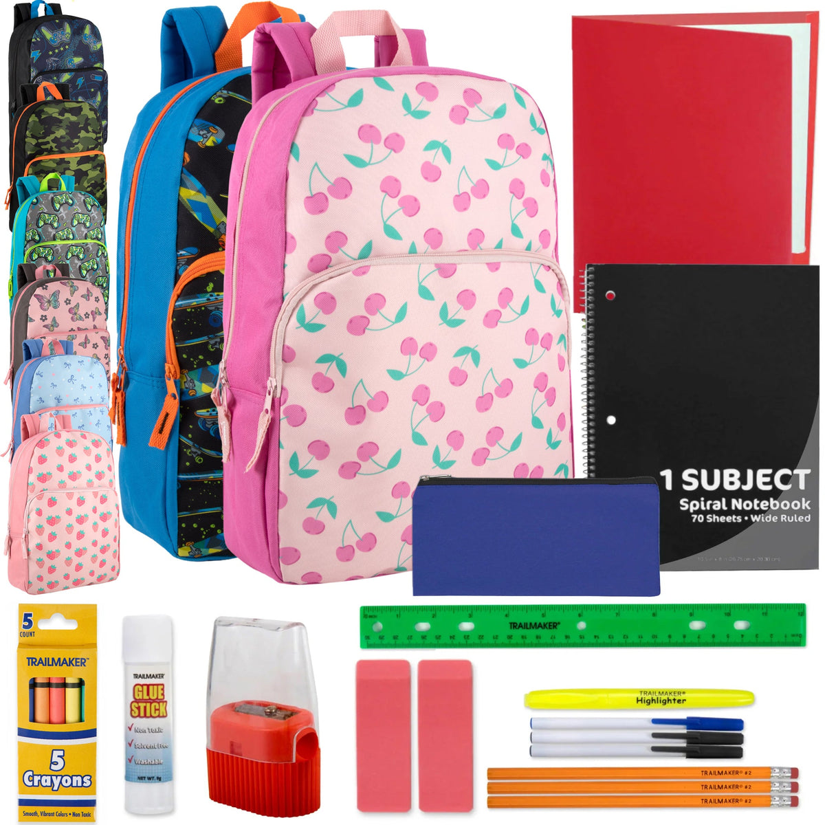 17-Inch Printed Backpack & 20-Piece School Supplies Kit - 8 Prints