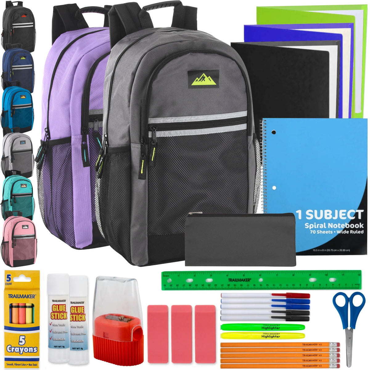 18-Inch Bulk Multi-Pocket Reflective Backpack with 30-Piece School Supply Kit - 8 Color Assortment