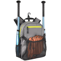 Youth Baseball & Softball Backpack with Bat + Glove Pockets - Grey