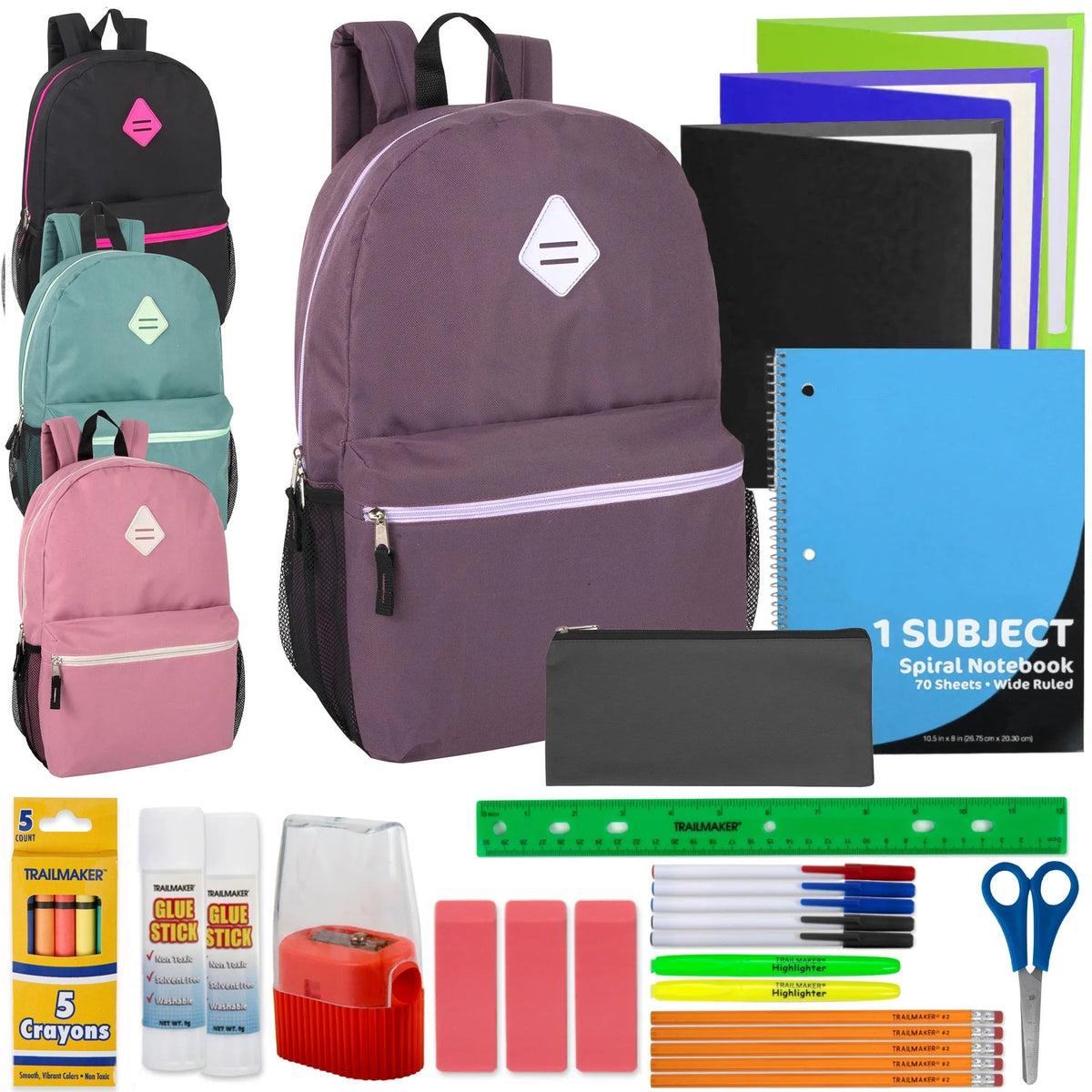 19-inch Bulk Side Pocket Backpack with 30-Piece School Supply Kit - Girls