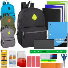 19-inch Bulk Side Pocket Backpack with 30-Piece School Supply Kit - 4 Boys Colors