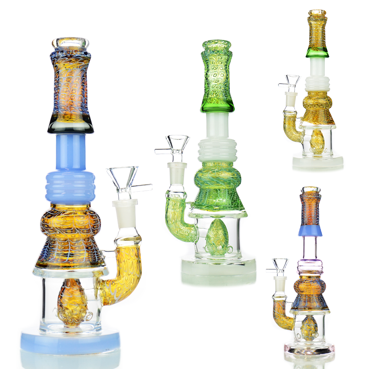 10" Water Pipe Bubble Trap Art with M9 Perc and 14mm Male Bowl - Gold Fume Glass