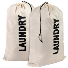 "Laundry" Graphic Drawstring Laundry Bag 2-Pack - Beige