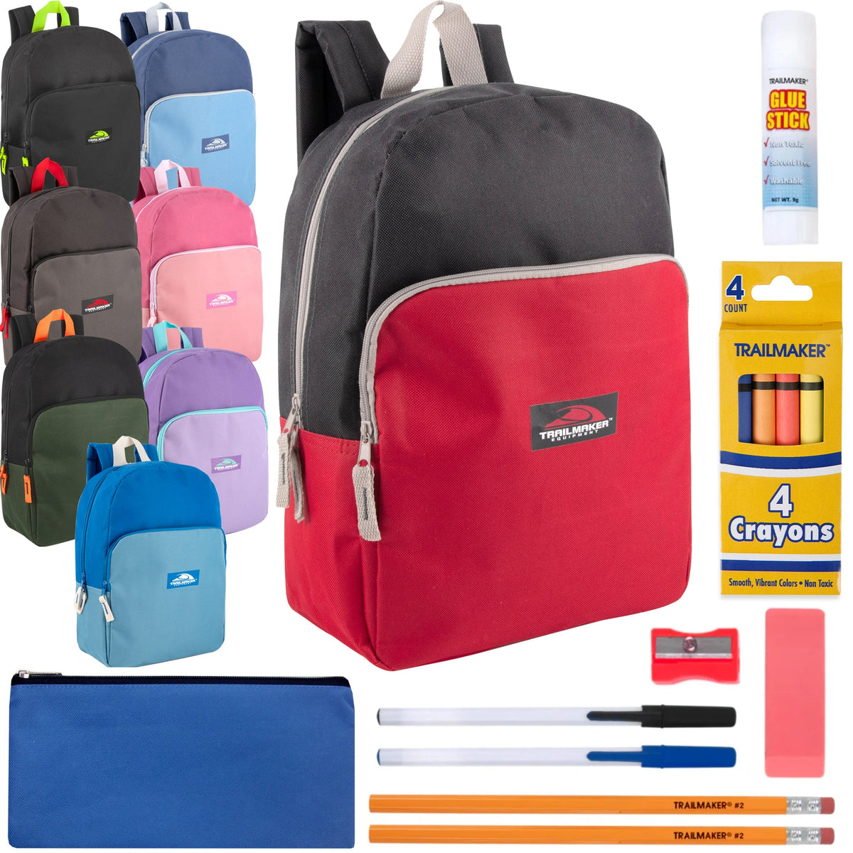 15-inch Bulk Trailmaker Promo Backpack with 12-Piece School Supplies Kit - 8 Colors
