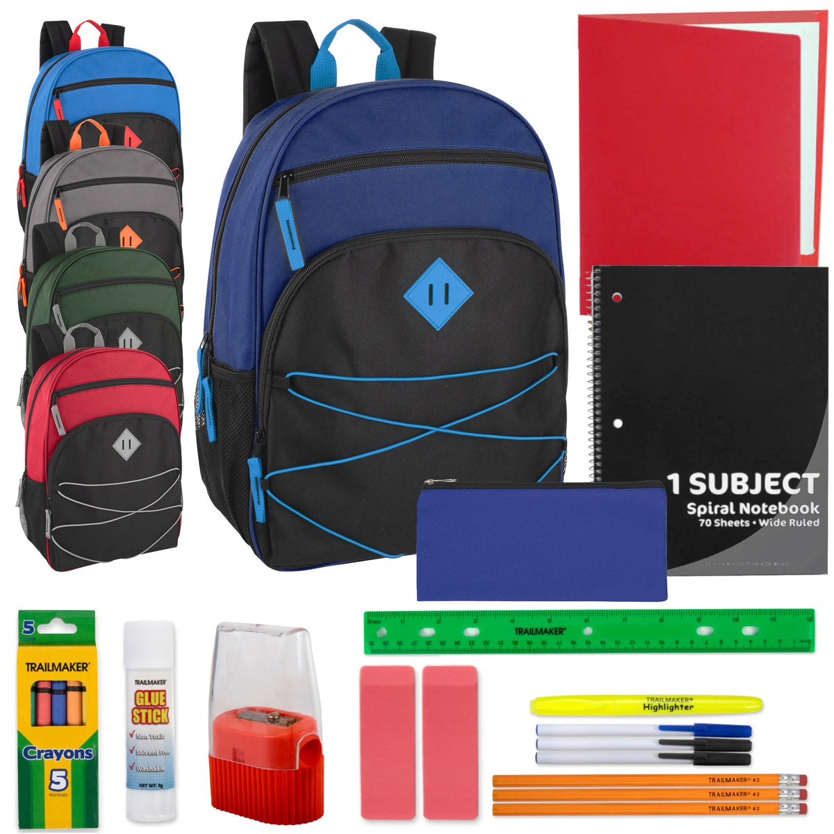 Bulk Multi-Pocket Bungee Backpack with 20-Piece School Supply Kit - 5 Boys Colors