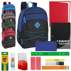Bulk Multi-Pocket Bungee Backpack with 20-Piece School Supply Kit - 5 Boys Colors