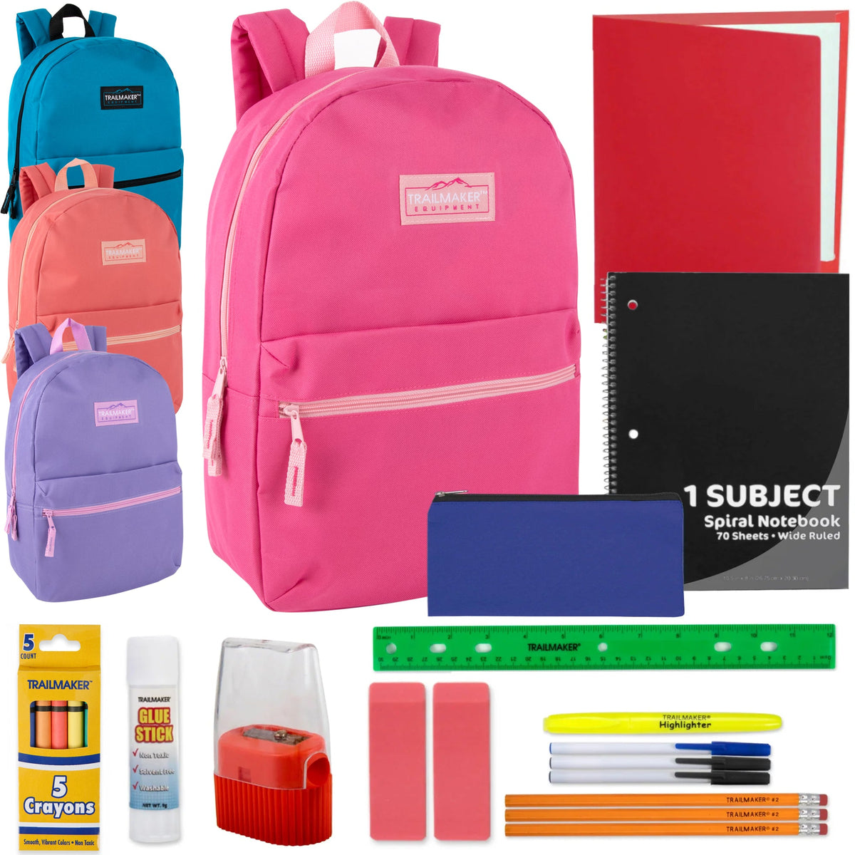 17-Inch Bulk Classic Backpack with 20-Piece School Supply Kit - Girls Colors