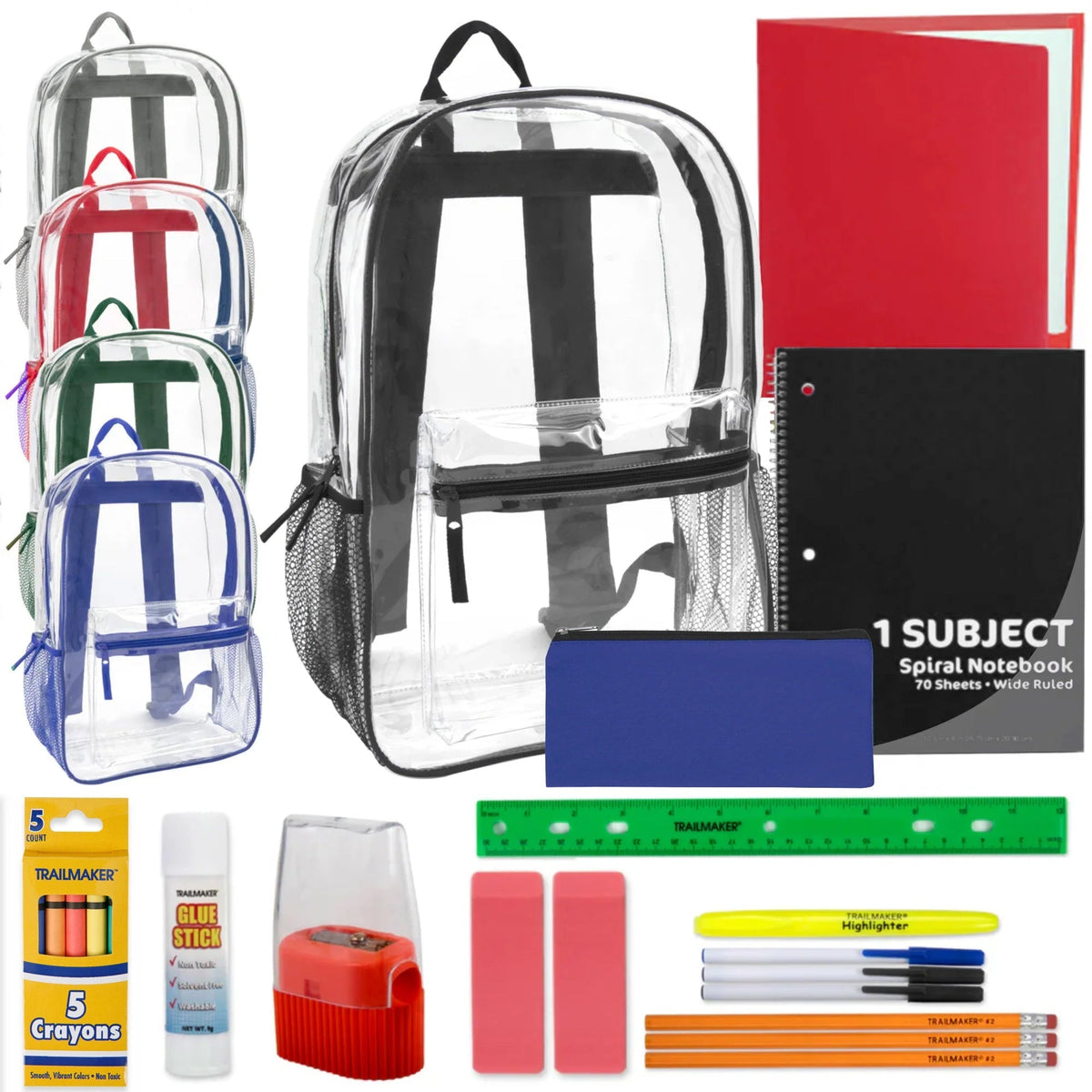 17-Inch Bulk Classic Clear Backpack with 20-Piece School Supply Kit - 5 Colors