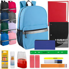 17-Inch Bulk Safety Reflective Backpack with 20-Piece School Supplies Kit - 10 Colors
