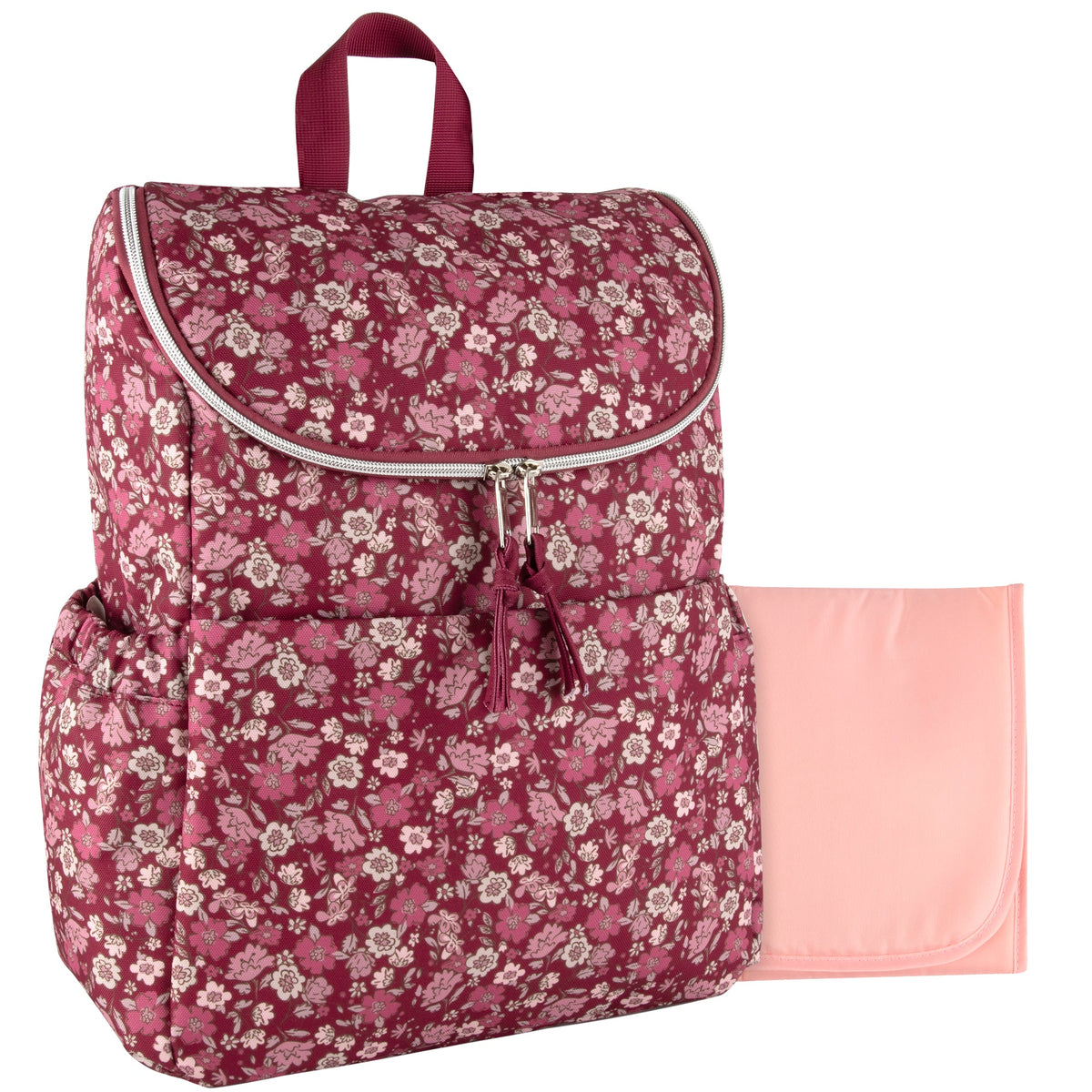 Baby Essentials Floral Print Wide Opening Diaper Backpack Set -  Burgundy
