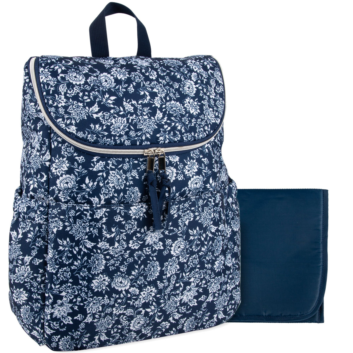 Baby Essentials Floral Print Wide Opening Diaper Backpack Set - Navy