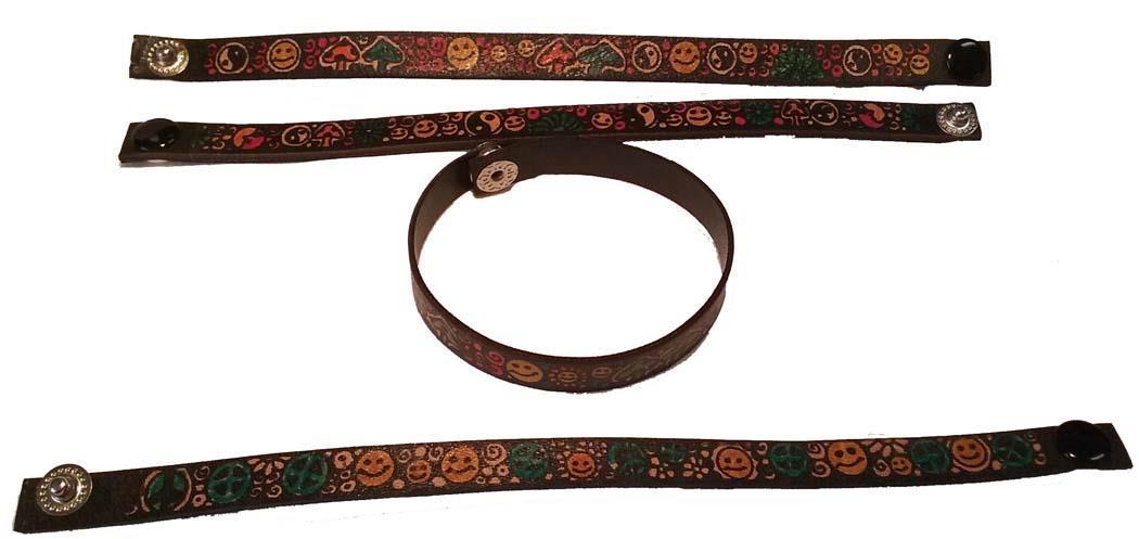 HIPPIE RETRO ( SMILE PEACE)  FIMO DESIGN LEATHER PAINTED BRACELETS (Sold by the dozen) *- CLOSEOUT NOW 50 CENTS EA