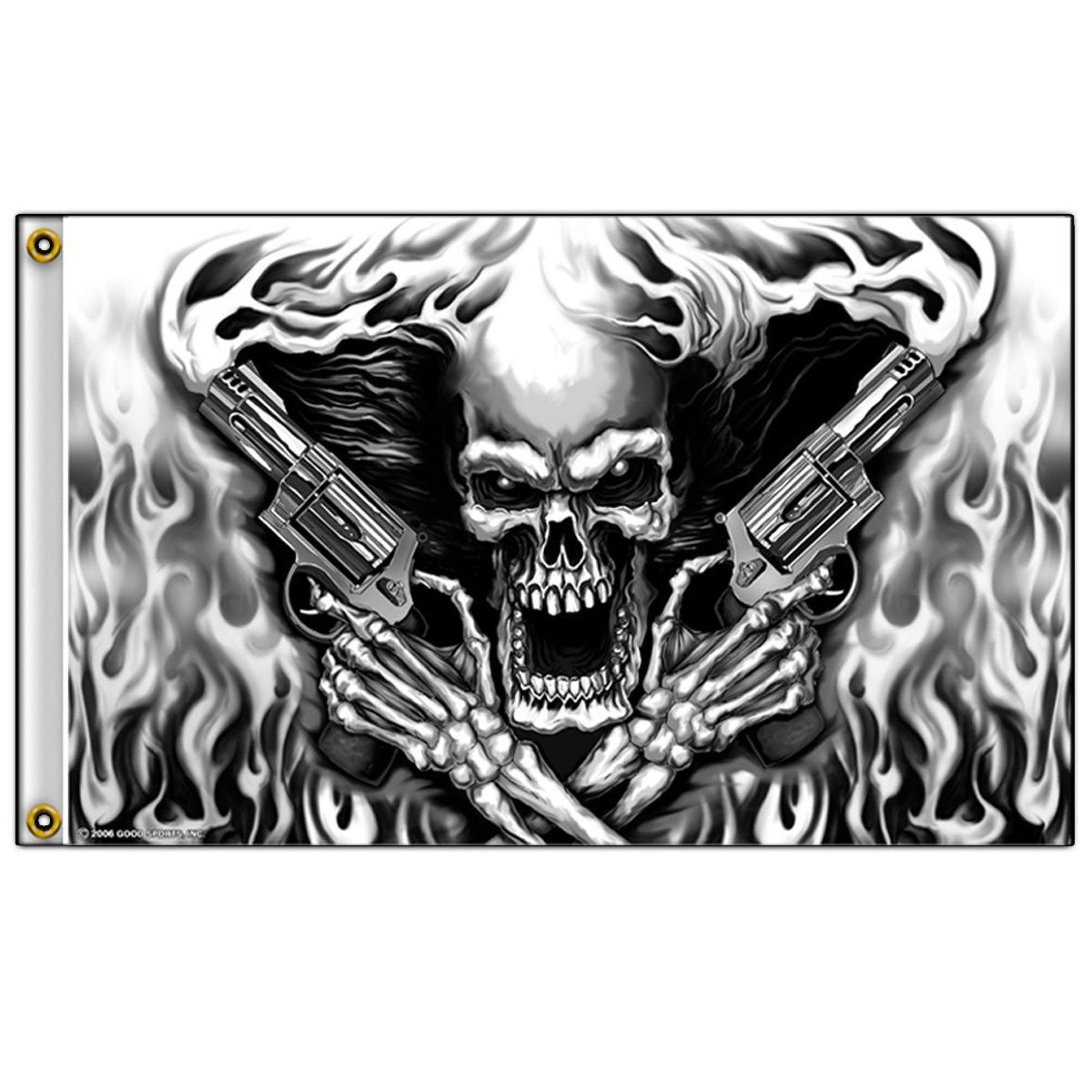 ASSASSIN SMOKING PISTOLS SKULL DELUXE 3' X 5' BIKER FLAG (Sold by the piece  )