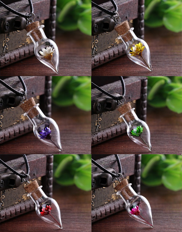 Real Dried Flower Clear Mini Glass Bottle Vial Cork Necklace (sold by 6 pack or dozen)