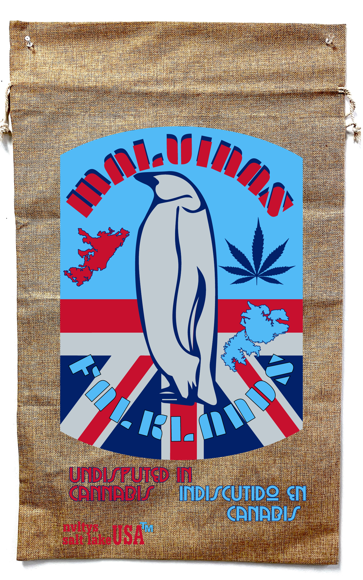 MALVINAS FALKLANDS PENGUIN BURLAP BAG ( sold by the piece )