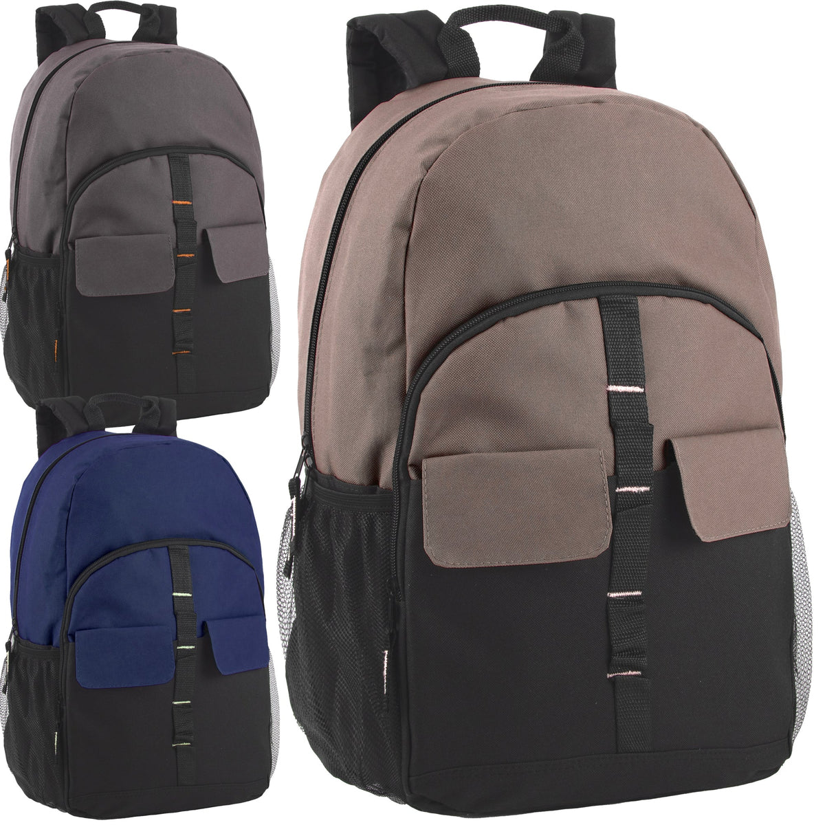 18-Inch Bulk Double Flap Daisy Chain Backpack - 3 Dark Colors