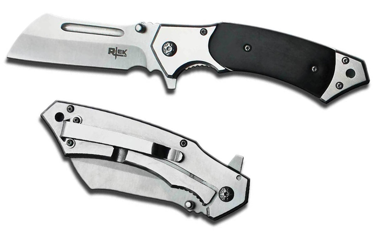 BLACK HANDLE CLEAVER SHAPED BLADE 8 INCH FOLDING POCKET KNIFE ( sold by the piece )