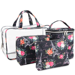 Clear Cosmetic Travel Case Set with 2 Bags + Pouch - Paris Themed