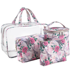 Clear Cosmetic Travel Case Set with 2 Bags + Pouch - Pink Paris Themed