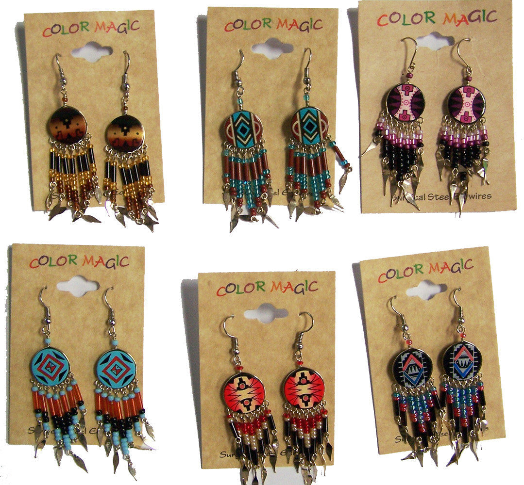ROUND SHAPED NATIVE STYLE SEED BEAD DANGLE EARRINGS ( sold by the dozen or piece )