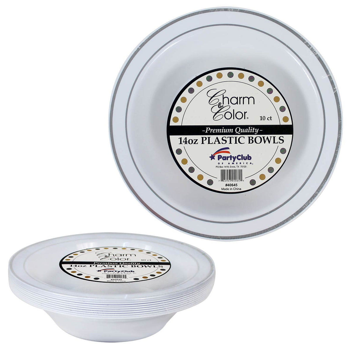White Plastic Bowls With Silver Band 14 oz (10 PACK)