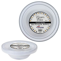 White Plastic Bowls With Silver Band 14 oz (10 PACK)