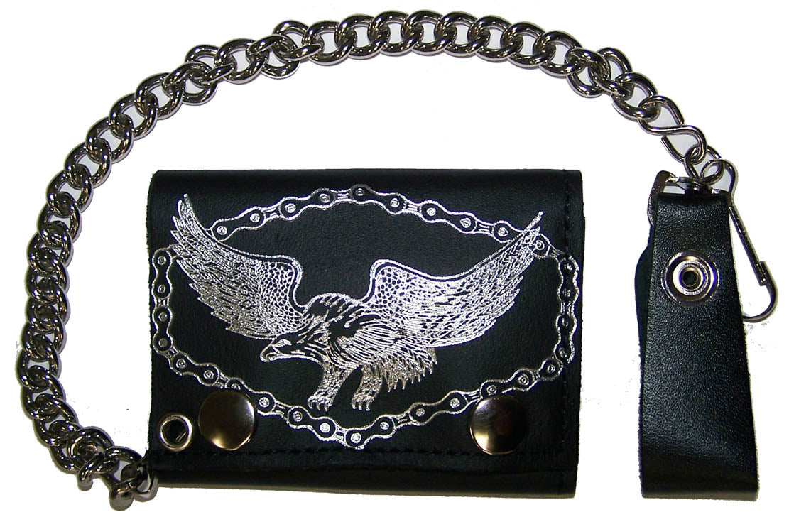FLYING EAGLE W BIKE CHAIN TRIFOLD LEATHER WALLETS WITH CHAIN (Sold by the piece)