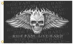 SKULL WINGS LIVE HARD DELUXE 3' x 5' BIKER FLAG (Sold by the piece)