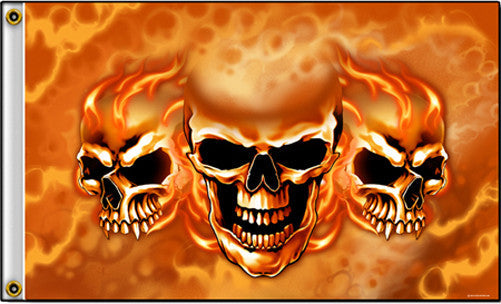 DELUXE TRIPLE SKULL FLAMES 3 x 5 MOTORCYCLE BIKER FLAG ( sold by the piece )