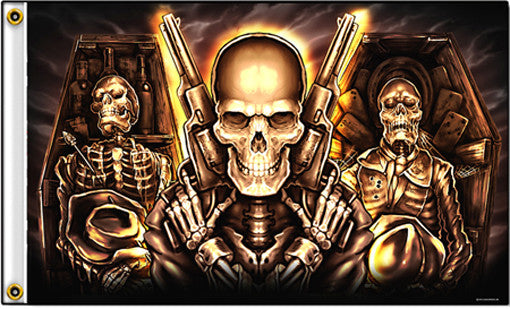DELUXE COFFIN SKULLS GUNS BIKER 3 X 5 FLAG (sold by the piece )
