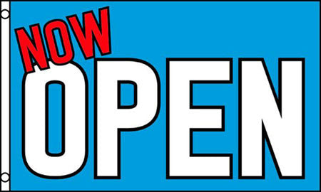 NOW OPEN BLUE 3 X 5 FLAG ( sold by the piece )