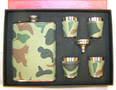 CAMOFLAGUE FLASK SET W FOUR SHOT GLASSES (Sold by the piece) - CLOSEOUT $ 7.50 EA