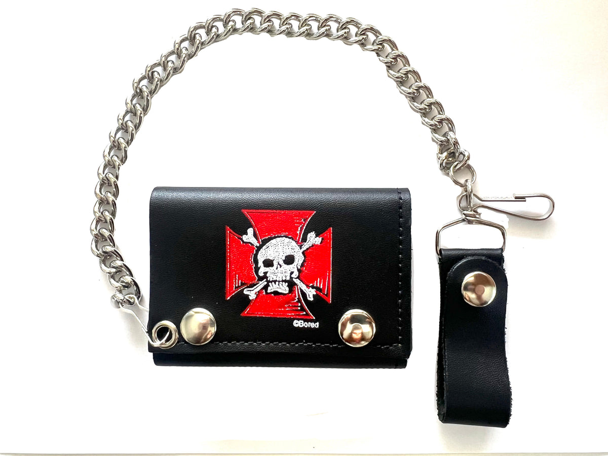 RED CROSS SKULL X BONES  TRIFOLD LEATHER WALLETS WITH CHAIN (Sold by the piece)