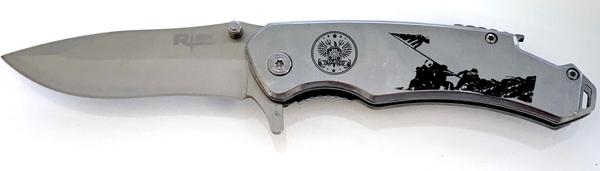 SILVER IWO JIMA MARINES STAINLESS STEEL 8 INCH FOLDING KNIFE ( sold by the piece )