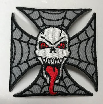 WEBBED IRON CROSS WITH SKULL W TONGUE 3 INCH PATCH (Sold by the piece OR dozen ) *-CLOSEOUT AS LOW AS 50 CENTS EA