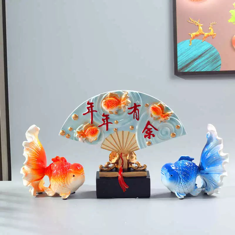 New Chinese Style Fan-Shaped Lucky Fish Decoration Office Home Living Room and Wine Cabinet Decorations Housewarming Gift