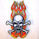 SKULL X BONE FLAMES 4 INCH PATCH (Sold by the pieceOR dozen ) CLOSEOUT AS LOW AS 75 CENTS EA