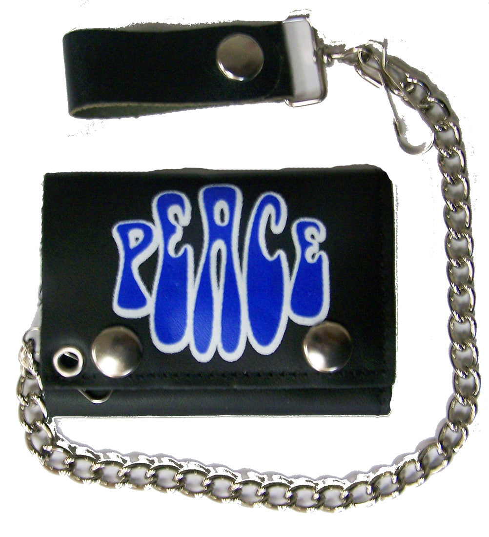 PEACE WORD TRIFOLD LEATHER WALLETS WITH CHAIN (Sold by the piece)